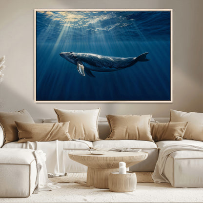 18052-MGV-CV-36X24-Whale Wall Art – Majestic Ocean Canvas Print Marine Life Underwater Sunlight Scene, Nautical Coastal Decor for Living Room,