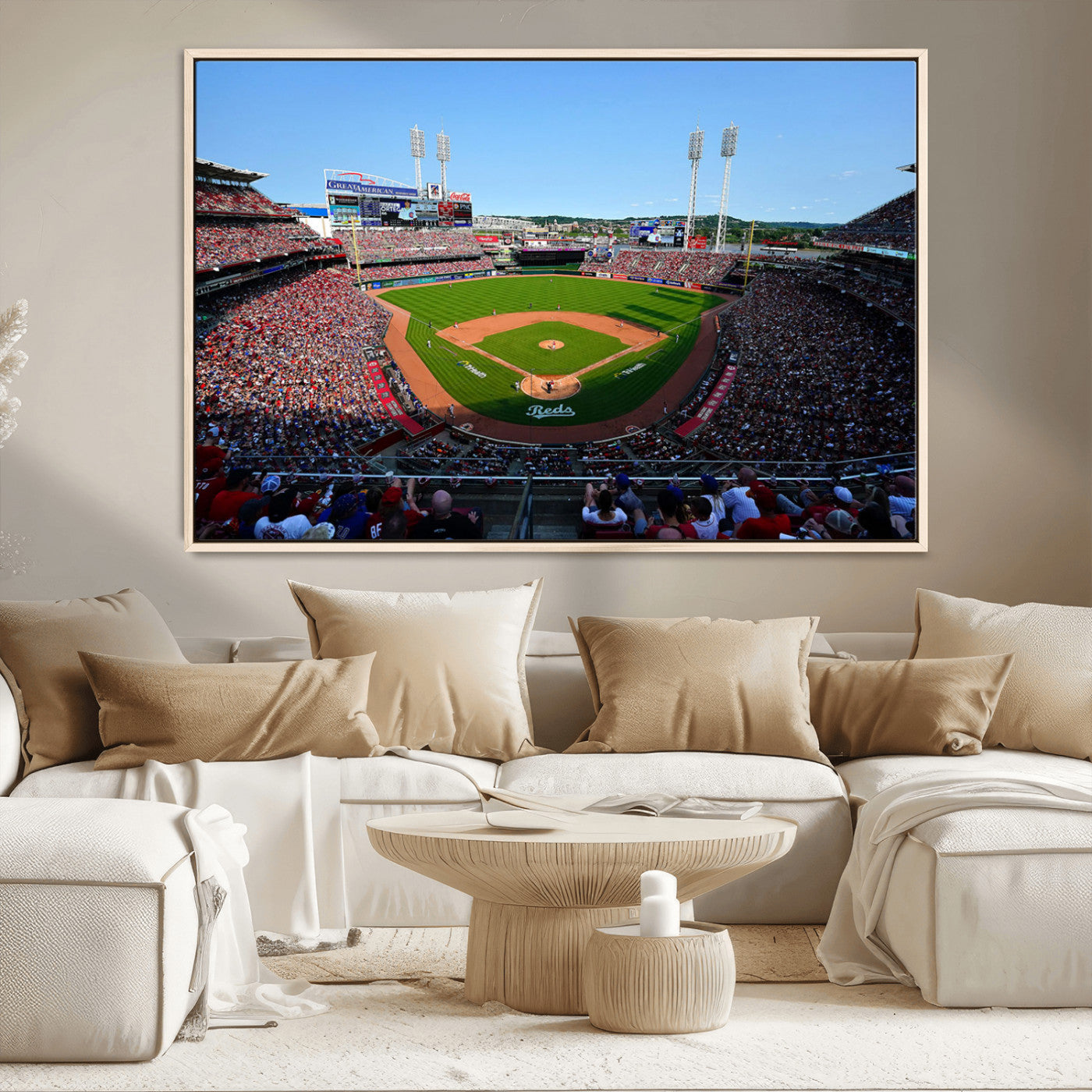 90998-MGV-CV-36X24-Baseball Stadium Wall Art – Canvas Print Day Game Field Packed Crowd Bright Blue Sky Sports Photography, Classic Decor for Game
