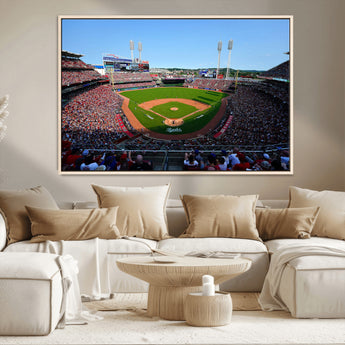 90998-MGV-CV-36X24-Baseball Stadium Wall Art – Canvas Print Day Game Field Packed Crowd Bright Blue Sky Sports Photography, Classic Decor for Game
