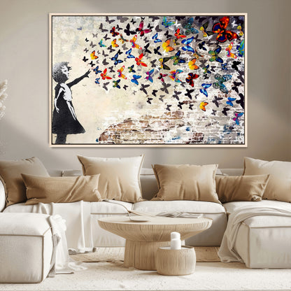 97895-MGV-FC-36X24_Natural-Girl with Butterflies Wall Art – Colorful Street Art Style Canvas Print, Modern Graffiti-Inspired Butterfly Artwork for Living