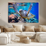 12683-MGV-CV-36X24-Sea Turtle Wall Art – Graceful Ocean Canvas Print with Coral Reef and Tropical Fish, Coastal Marine Life Decor for Beach House,