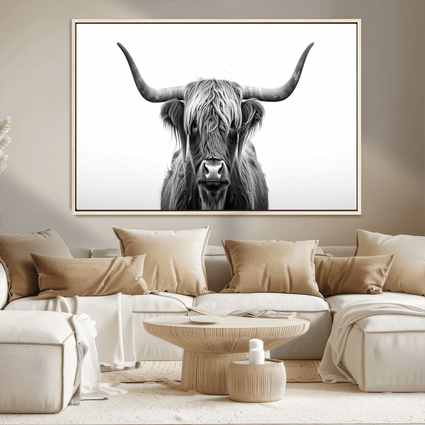 49556-MGV-CV-36X24-Highland Cow Wall Art – Black and White Scottish Highland Cattle Print, Rustic Farmhouse Minimalist Animal Portrait Canvas for