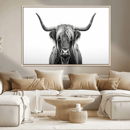 49556-MGV-CV-36X24-Highland Cow Wall Art – Black and White Scottish Highland Cattle Print, Rustic Farmhouse Minimalist Animal Portrait Canvas for