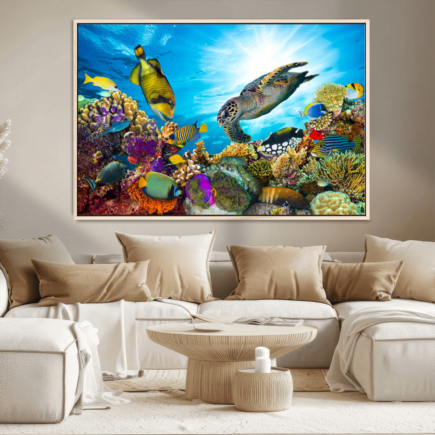 44772-MGV-CV-36X24-Underwater Sea Turtle Wall Art – Vibrant Coral Reef and Tropical Fish Canvas Print, Ocean Marine Life Decor for Living Room,