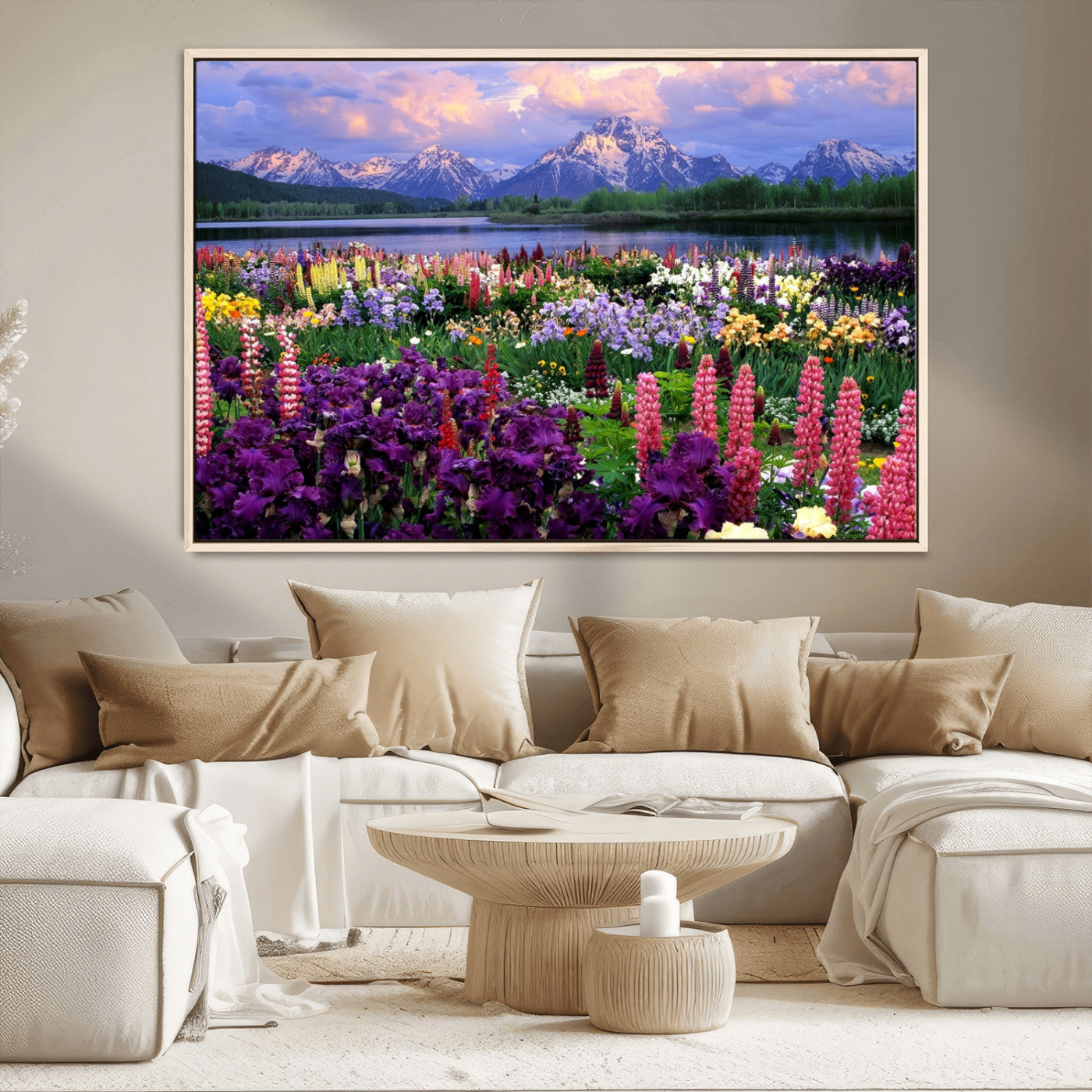 82270-MGV-FC-36X24_Natural-Colorful Wildflower Meadow Landscape Wall Art – Snow-Capped Mountain Lake Sunset Print, Vibrant Nature Artwork for Living Room,