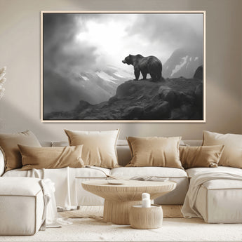 49504-MGV-CV-36X24-Black and White Grizzly Bear Wall Art – Wilderness Wildlife Painting, Rustic Mountain Cabin Decor, Monochrome Animal Print for