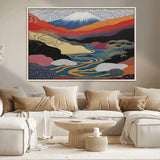 22313-MGV-FC-36X24_Natural-Yayoi Kusama Wall Art – Abstract Mount Fuji Landscape Canvas Print, Vibrant Japanese Nature Scene with River, Mountains and Sky