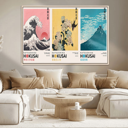 Katsushika-MGV-CV-36X24-Katsushika Hokusai Wall Art Set – The Great Wave, Hydrangea and Swallow, Fine Wind Canvas Prints, Japanese Ukiyo e Style Home and