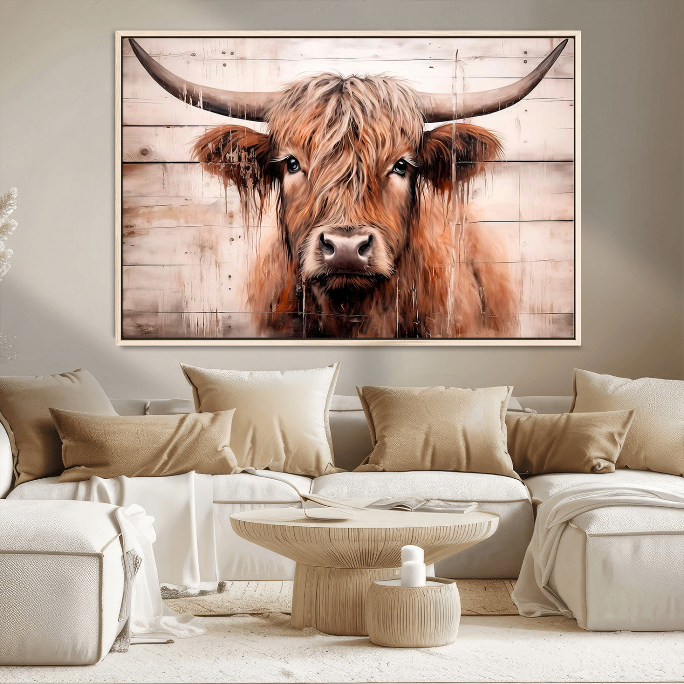 93730-MGV-CV-36X24-Scottish Cow Wall Art Canvas Print, Framed Longhorn Cow Art Picture Print, Highland Cattle Perfect Rustic Farmhouse Decor Artwork