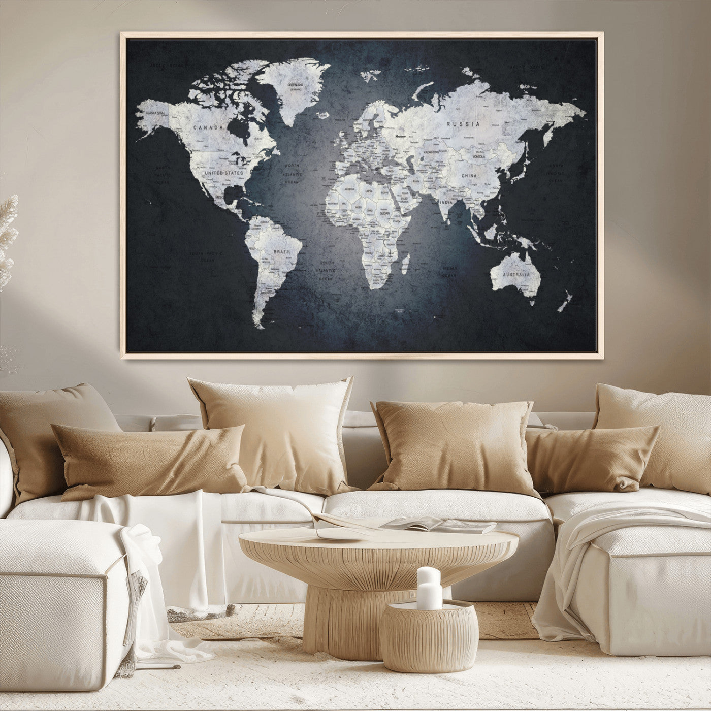 19124-MGV-CV-36X24-Modern World Map Wall Art – Black and White Canvas Print, Minimalist Global Map Decor for Office, Study, Bedroom or Living Room