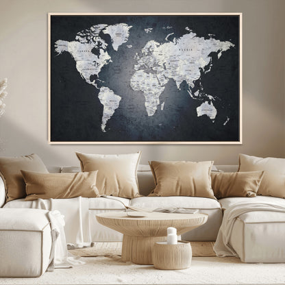 19124-MGV-CV-36X24-Modern World Map Wall Art – Black and White Canvas Print, Minimalist Global Map Decor for Office, Study, Bedroom or Living Room