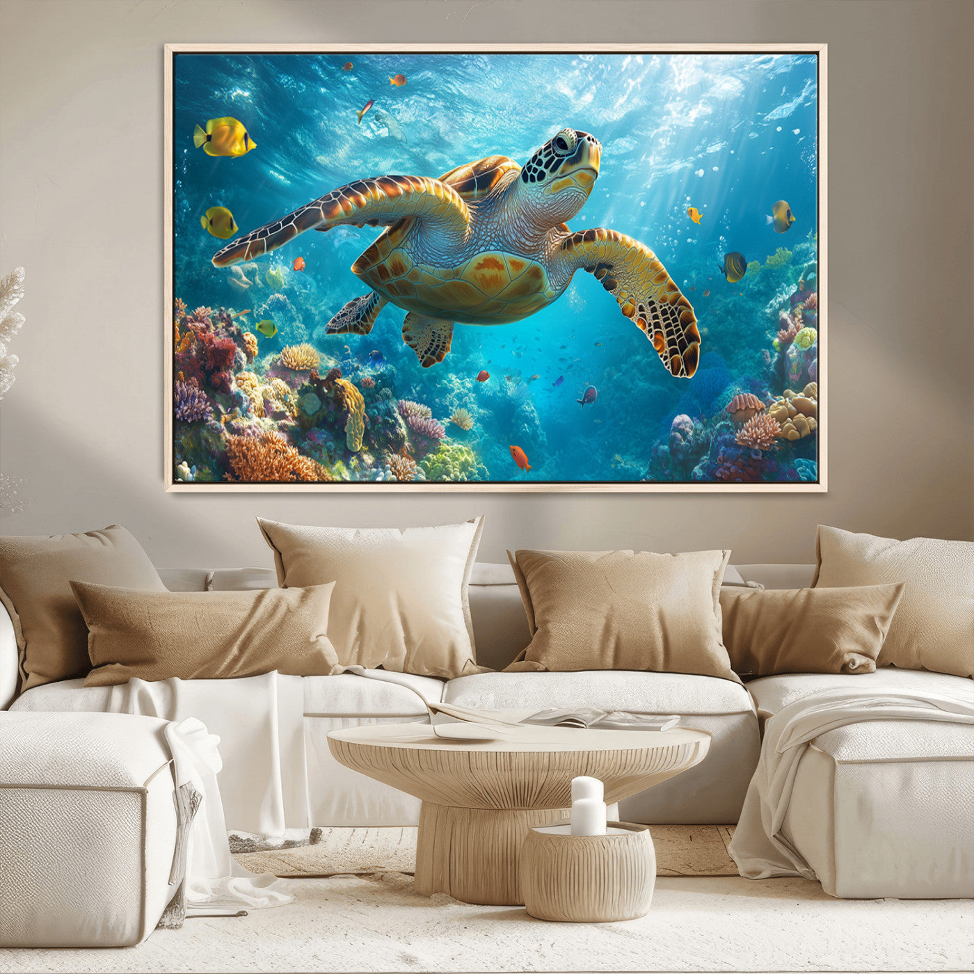 37623-MGV-CV-36X24-Sea Turtle Wall Art – Underwater Ocean Canvas Print with Coral Reef and Tropical Fish, Marine Life Painting Poster for Living