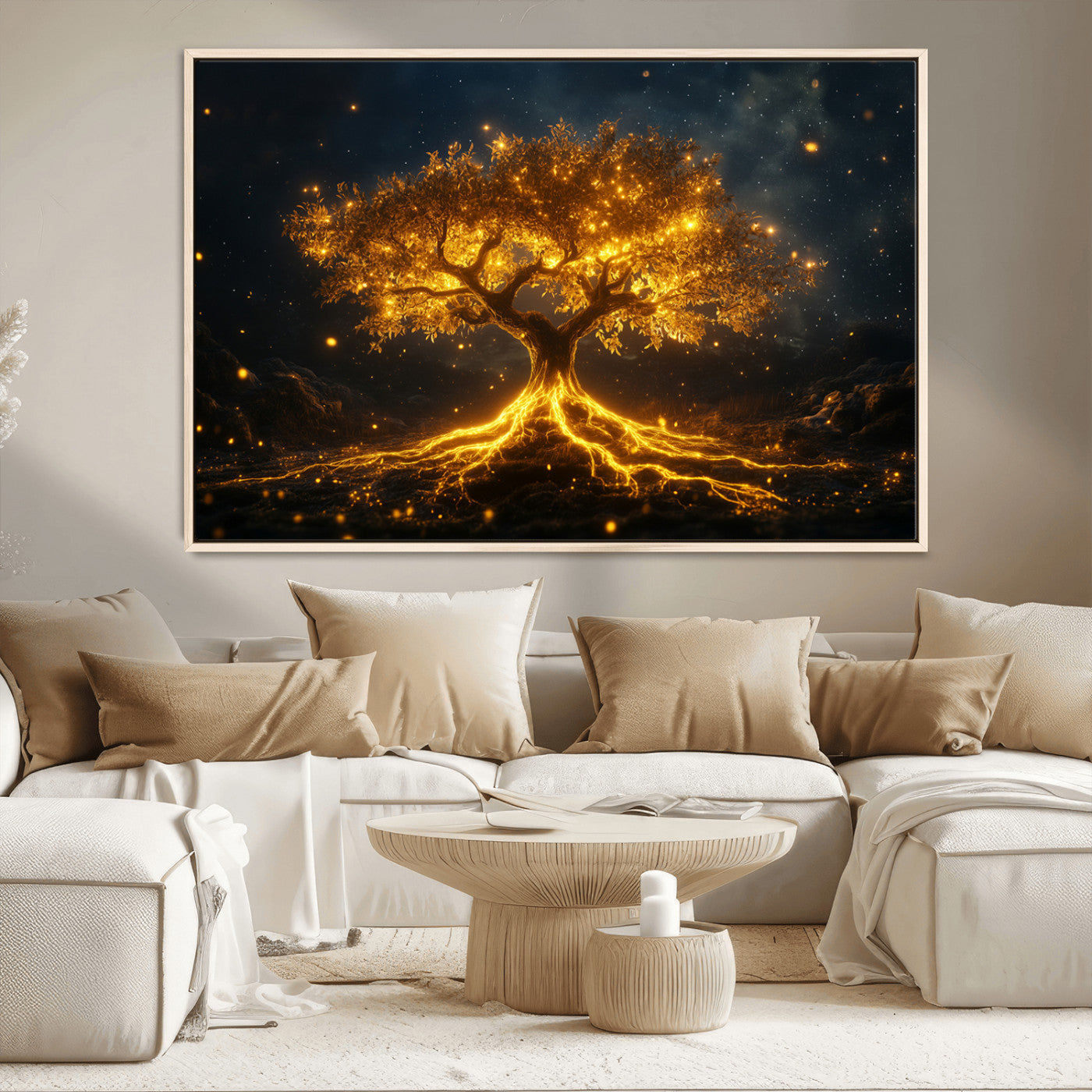 60194-MGV-CV-36X24-Glowing Tree Wall Art – Golden Roots Fantasy Canvas Print, Mystical Illuminated Tree Painting Poster for Living Room, Bedroom,