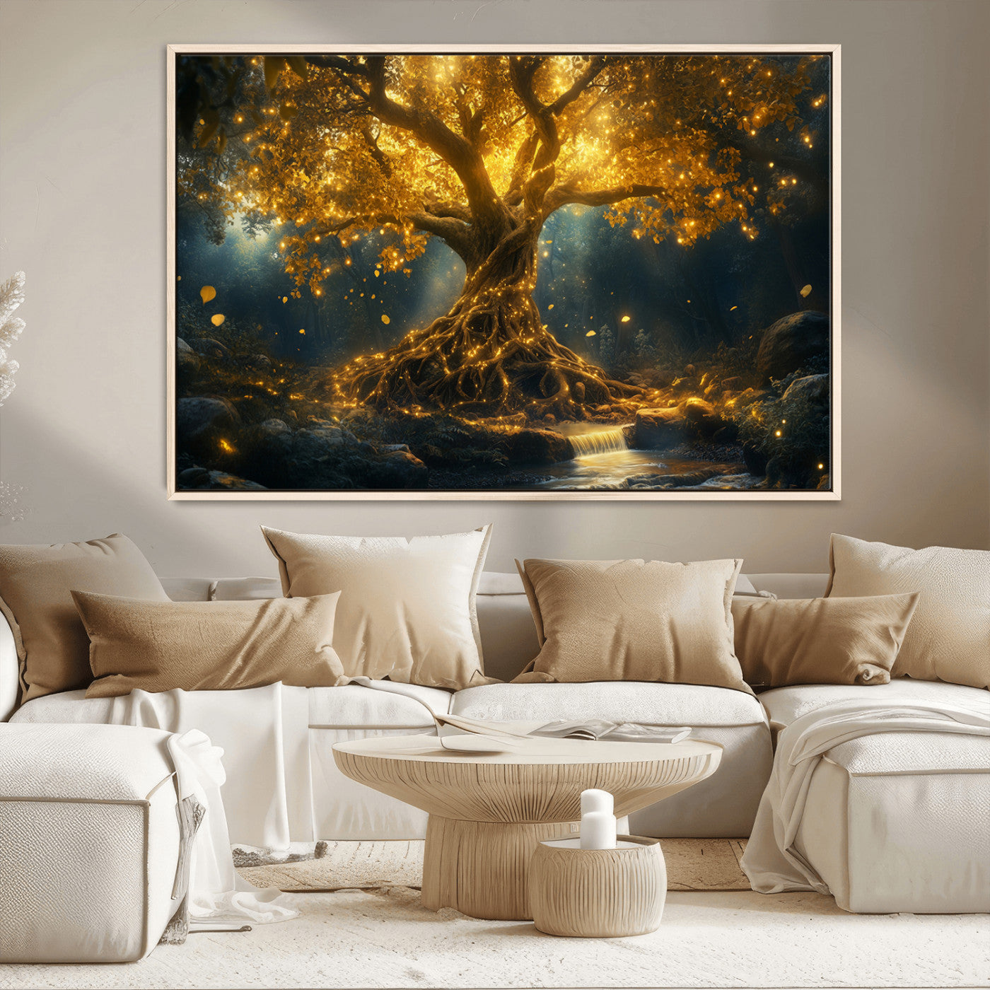 92739-MGV-CV-36X24-Glowing Tree Wall Art – Enchanted Golden Forest Canvas Print, Mystical Illuminated Nature Painting Poster for Living Room,