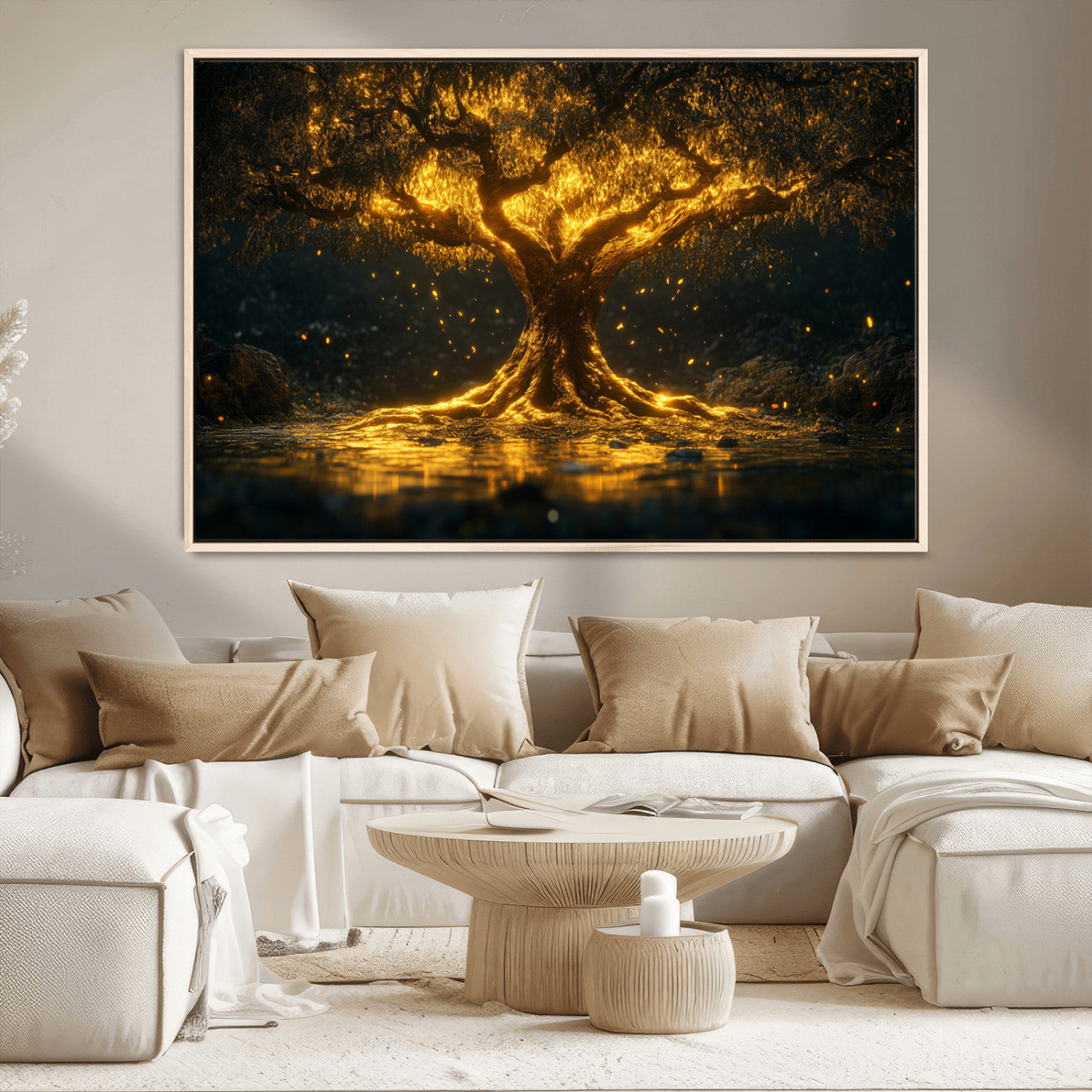 59580-MGV-CV-36X24-Glowing Tree Wall Art – Golden Fantasy Nature Canvas Print, Mystical Illuminated Tree Painting Poster for Living Room, Bedroom,