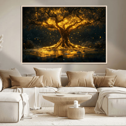 59580-MGV-CV-36X24-Glowing Tree Wall Art – Golden Fantasy Nature Canvas Print, Mystical Illuminated Tree Painting Poster for Living Room, Bedroom,