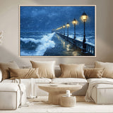 32668-MGV-CV-36X24-Stormy Pier Wall Art – Ocean Waves and Street Lamps Canvas Print, Rainy Night Seascape Oil Painting Poster for Living Room,