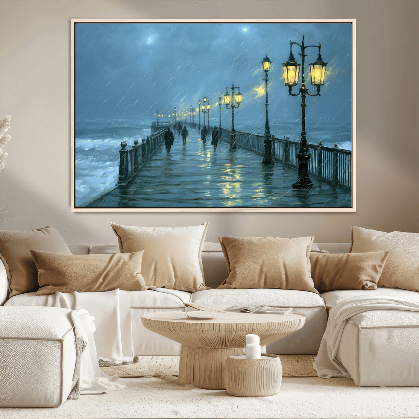 79606-MGV-CV-36X24-Rainy Pier Night Wall Art – Ocean Waves and Street Lamps Canvas Print, Moody Seascape Oil Painting Poster for Living Room,