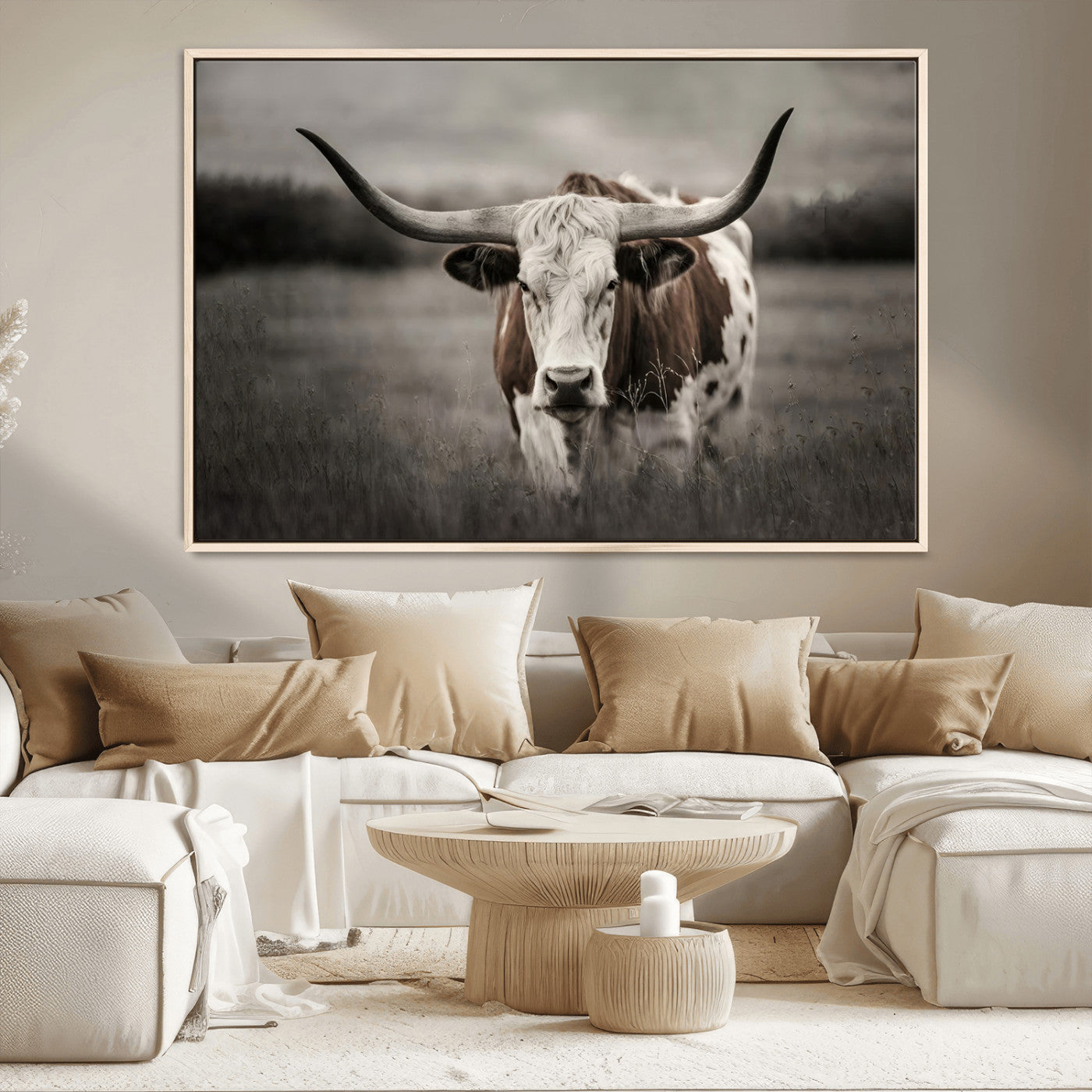 69238-MGV-CV-36X24-Longhorn Bull Wall Art – Rustic Black and White Texas Cattle Canvas Print, Western Farmhouse Animal Photography for Living Room,