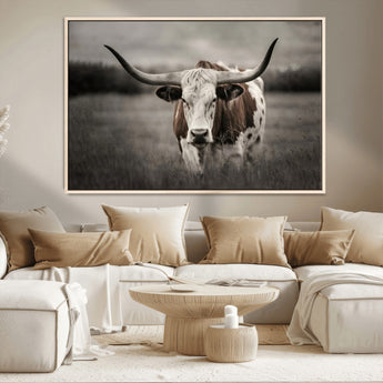 69238-MGV-CV-36X24-Longhorn Bull Wall Art – Rustic Black and White Texas Cattle Canvas Print, Western Farmhouse Animal Photography for Living Room,