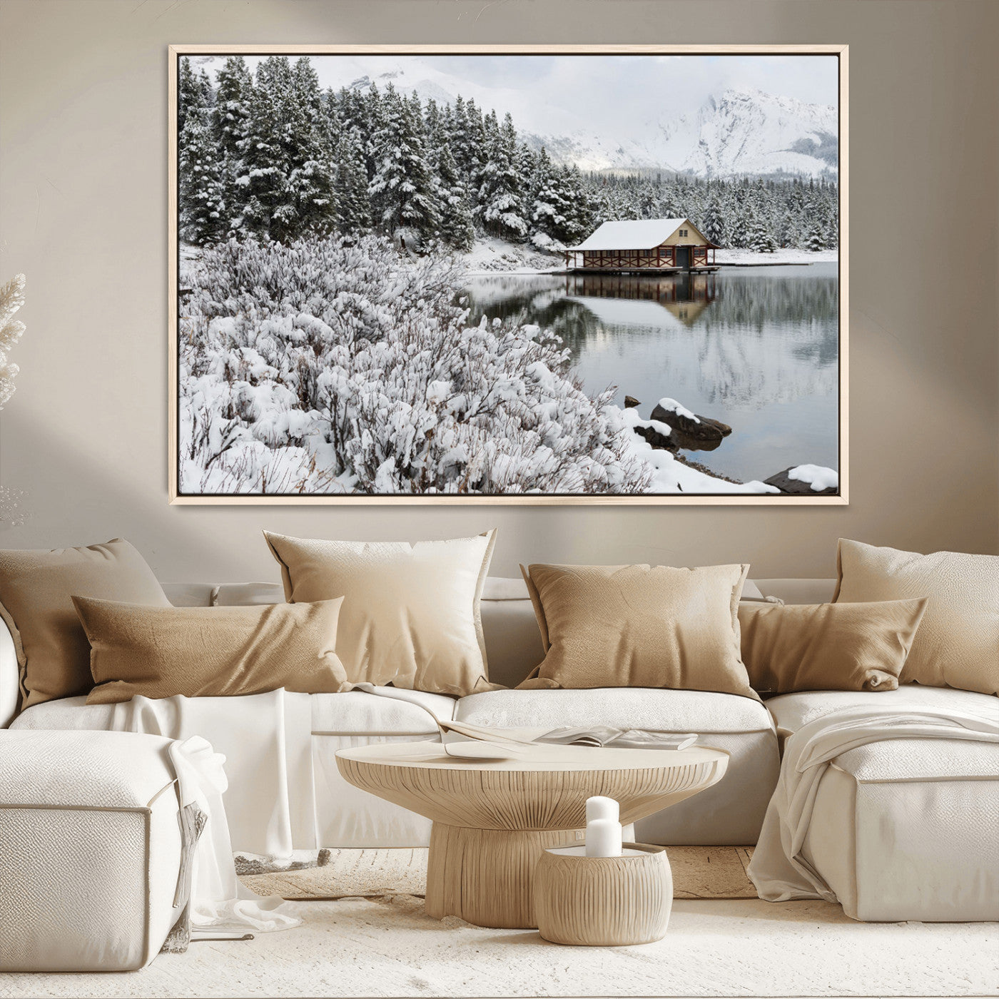 29975-MGV-CV-36X24-Winter Cabin by the Lake Wall Art – Snowy Mountain Landscape Canvas Print, Rustic Lodge Cabin Decor for Cozy Living Room, Bedroom