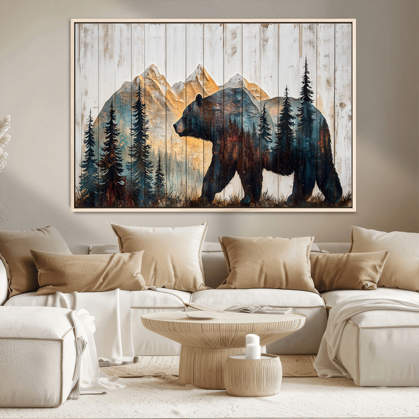 90077-MGV-CV-36X24-Wood Grizzly Bear Wall Art Canvas Print, Framed Abstract Bear Art Picture Print, Bear in Forest Perfect Rustic Lodge Decor Artwork
