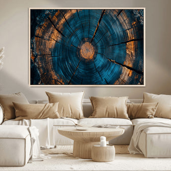 65231-MGV-CV-36X24-Blue and Gold Tree Ring Wall Art – Rustic Abstract Wood Slice Canvas Print, Modern Nature Inspired Artwork for Living Room,