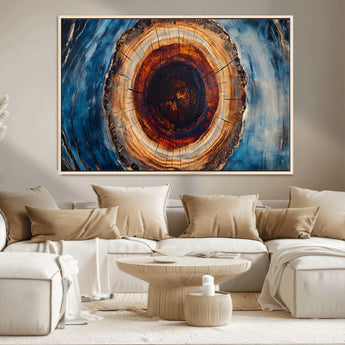 30457-MGV-CV-36X24-Tree Ring Abstract Wall Art – Blue and Brown Wood Grain Canvas Print, Modern Nature Inspired Painting for Rustic Living Room,