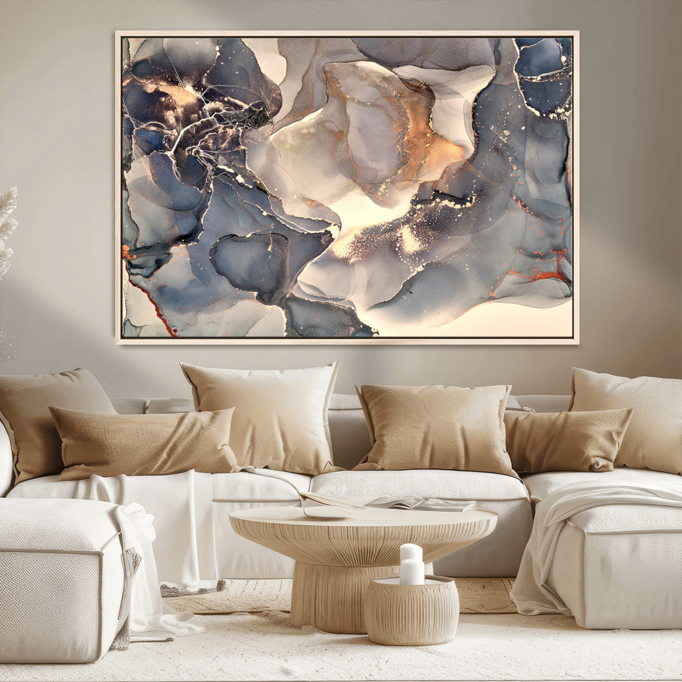 18202-MGV-CV-36X24-Abstract Neutral Wall Art – Blue, Beige and Gold Fluid Ink Canvas Print, Modern Minimalist Painting for Living Room, Office