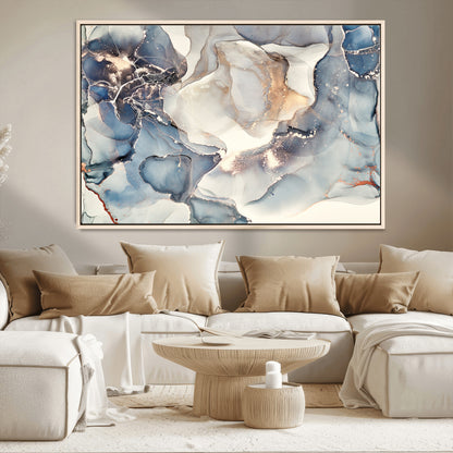 51497-MGV-CV-36X24-Abstract Blue and Gold Wall Art – Modern Fluid Ink Style Canvas Print, Elegant Contemporary Decor for Living Room, Office