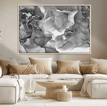 15911-MGV-CV-36X24-Black and White Abstract Wall Art – Modern Ink Swirl Canvas Print, Minimalist Contemporary Painting for Living Room, Bedroom,