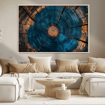13398-MGV-CV-36X24-Tree Ring Wall Art – Abstract Wood Grain Canvas Print with Blue and Orange Accents, Rustic Nature Inspired Artwork for Living
