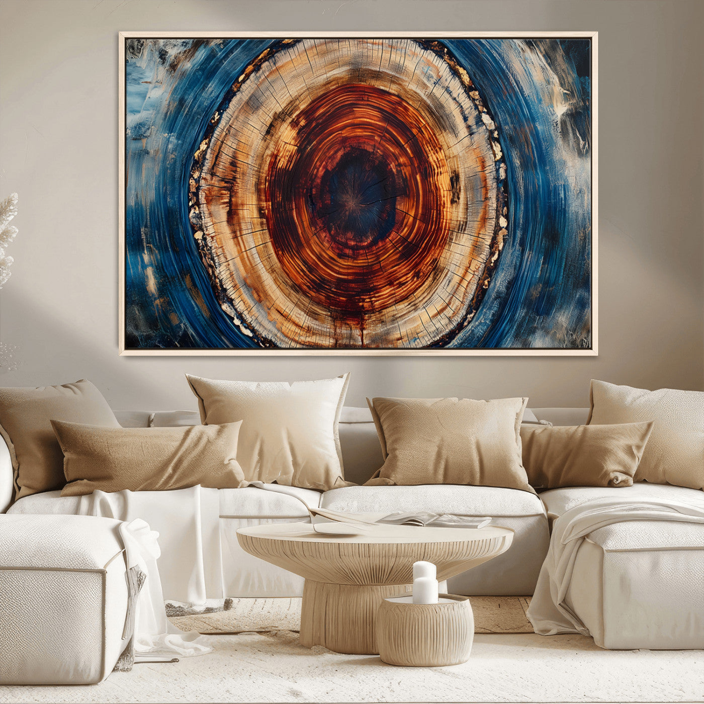 90395-MGV-CV-36X24-Tree Ring Wall Art – Abstract Wood Grain Canvas Print with Fiery Red and Blue Tones, Bold Rustic Nature Inspired Artwork Decor for