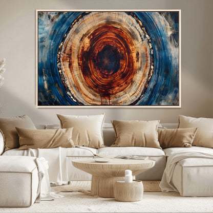 90395-MGV-CV-36X24-Tree Ring Wall Art – Abstract Wood Grain Canvas Print with Fiery Red and Blue Tones, Bold Rustic Nature Inspired Artwork Decor for