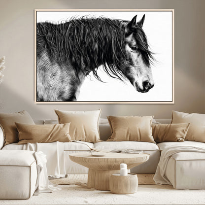 57694-MGV-CV-36X24-Horse Portrait Wall Art – Black and White Canvas Print with Detailed Stallion Profile, Rustic Farmhouse Equestrian Artwork for