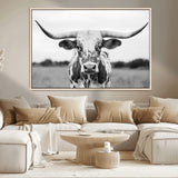 20272-MGV-CV-36X24-Highland Cow Wall Art – Black and White Western Longhorn Canvas Print, Farmhouse Living Room Decor Southwestern Animal Artwork for