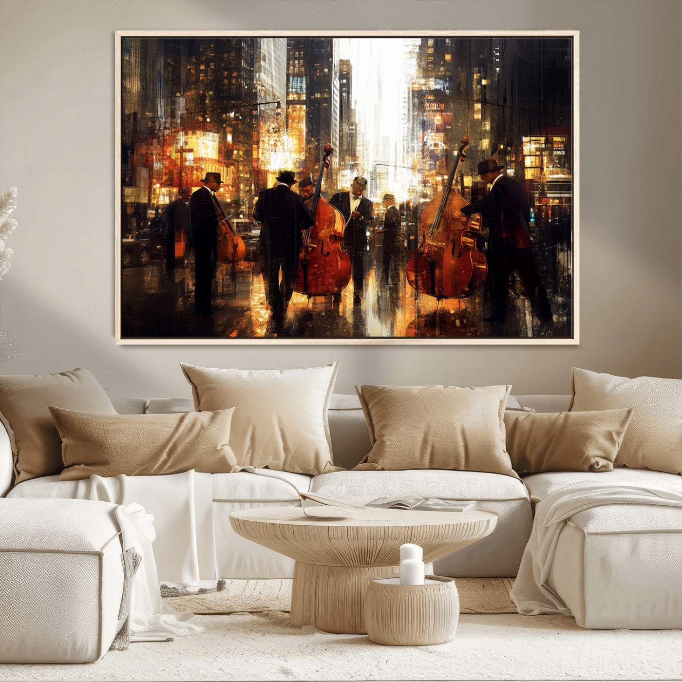 58782-MGV-CV-36X24-Jazz Musicians Cityscape Wall Art – Vibrant Urban Night Canvas Print, Elegant Music Themed Decor for Living Room, Office, or Music