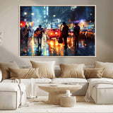 94605-MGV-CV-36X24-City Jazz Night Wall Art – Vibrant Music Canvas Print Featuring Saxophone, Guitar and Bass Players, Urban Street Scene Artwork for