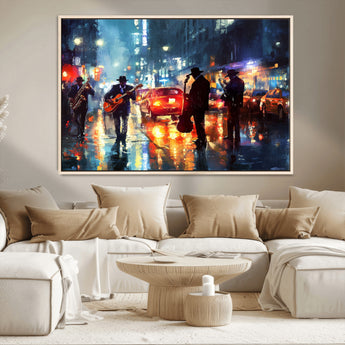 94605-MGV-CV-36X24-City Jazz Night Wall Art – Vibrant Music Canvas Print Featuring Saxophone, Guitar and Bass Players, Urban Street Scene Artwork for