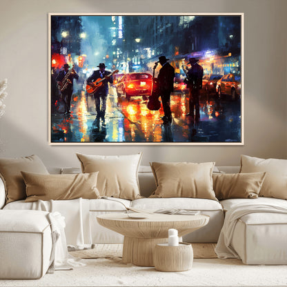 94605-MGV-CV-36X24-City Jazz Night Wall Art – Vibrant Music Canvas Print Featuring Saxophone, Guitar and Bass Players, Urban Street Scene Artwork for