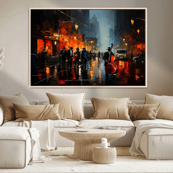 46538-MGV-CV-36X24-Urban Jazz Night Wall Art – Dramatic Music Canvas Print with Double Bass and Street Musicians, Modern City Scene Artwork for