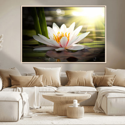 40478-MGV-CV-36X24-Water Lily Wall Art – White Lotus Flower Canvas Print with Sunlight Reflection, Serene Botanical Artwork for Living Room, Bedroom,