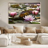 72218-MGV-CV-36X24-Water Lily Pond Wall Art – Pink Lotus Flowers Canvas Print with Green Lily Pads, Peaceful Botanical Artwork for Living Room,