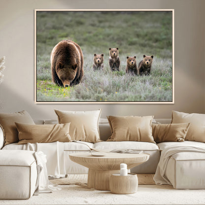 65087B-MGV-CV-36X24-Bear Family Wall Art – Wildlife Canvas Print Featuring Mother Bear with Cubs in Nature, Rustic Animal Artwork for Living Room,