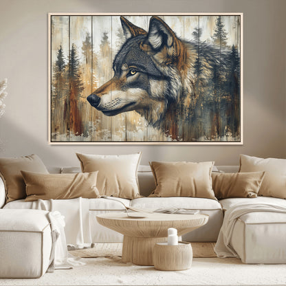 91882-MGV-CV-36X24-Wolf Wall Art – Rustic Canvas Print of Forest Wolf on Wood Background, Wildlife Lodge Artwork for Living Room, Bedroom, Cabin, or