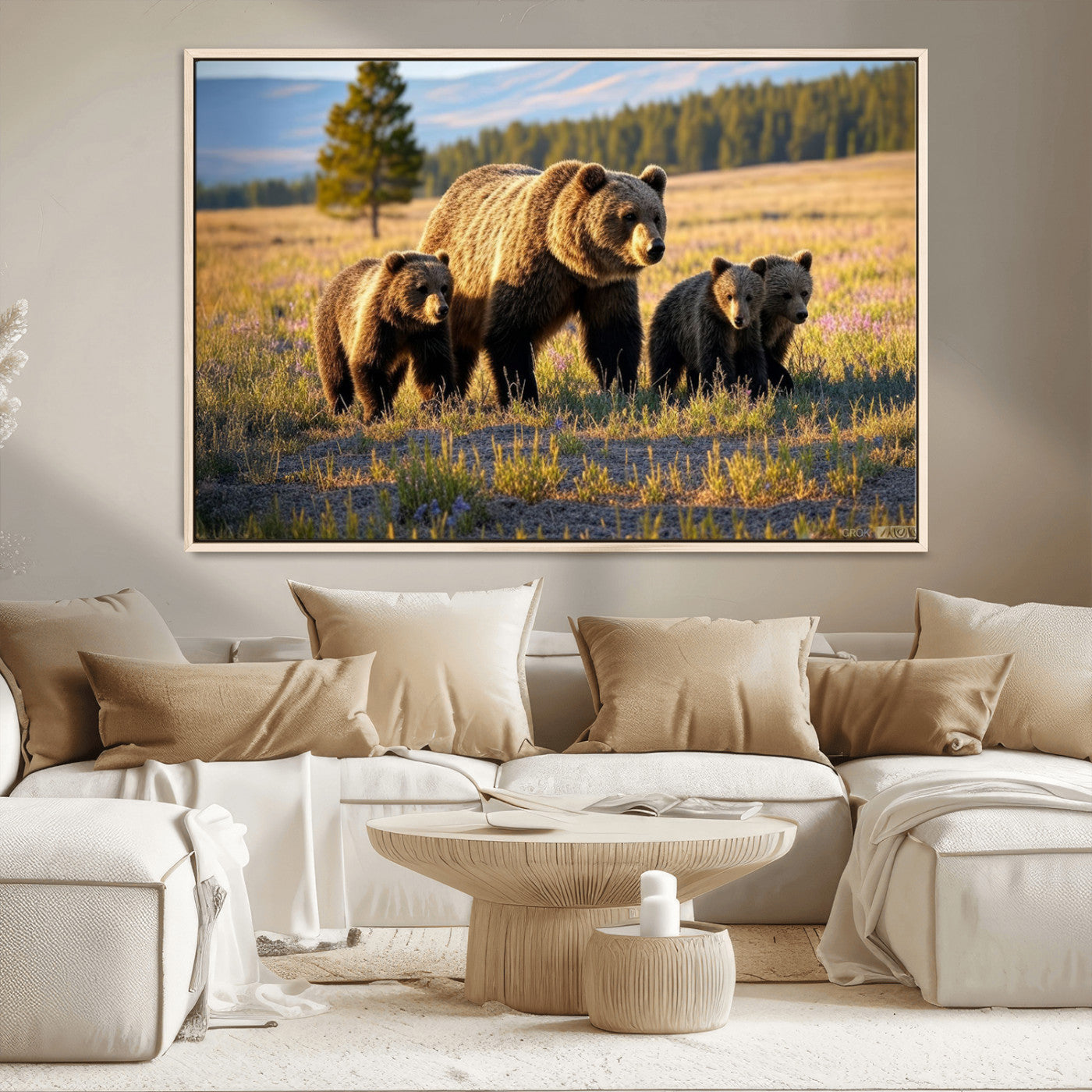 43400-MGV-CV-36X24-Bear Family Wall Art – Wildlife Canvas Print of Mother Bear with Cubs in Sunlit Meadow, Rustic Animal Artwork for Living Room,