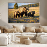 43400-MGV-CV-36X24-Bear Family Wall Art – Wildlife Canvas Print of Mother Bear with Cubs in Sunlit Meadow, Rustic Animal Artwork for Living Room,