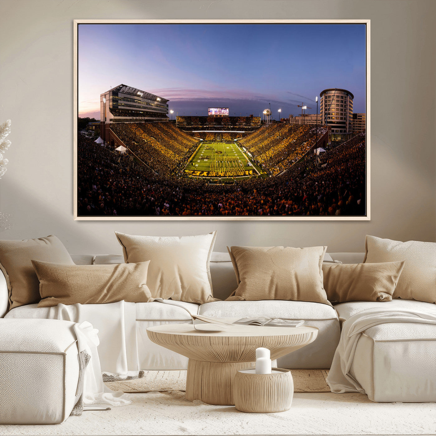 82557-MGV-FC-36X24_Natural-College Football Stadium Wall Art – Panoramic Sunset Canvas Print with Marching Band and Game Day Crowd, Sports Artwork for Man