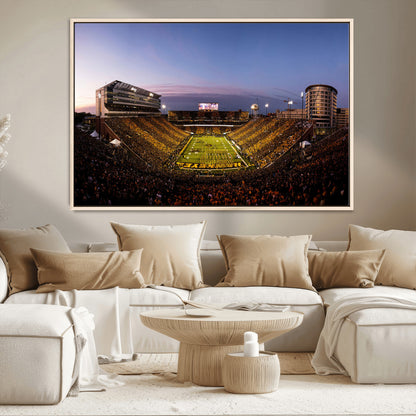 82557-MGV-FC-36X24_Natural-College Football Stadium Wall Art – Panoramic Sunset Canvas Print with Marching Band and Game Day Crowd, Sports Artwork for Man