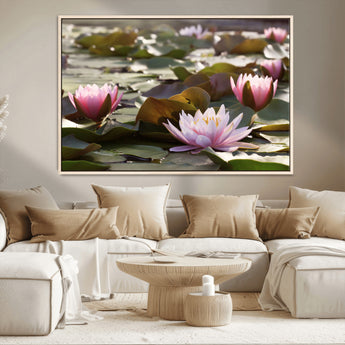 28394-MGV-FC-36X24_Natural-Water Lily Pond Wall Art – Pink Lotus Flowers Canvas Print with Green Lily Pads, Peaceful Botanical Artwork for Living Room,
